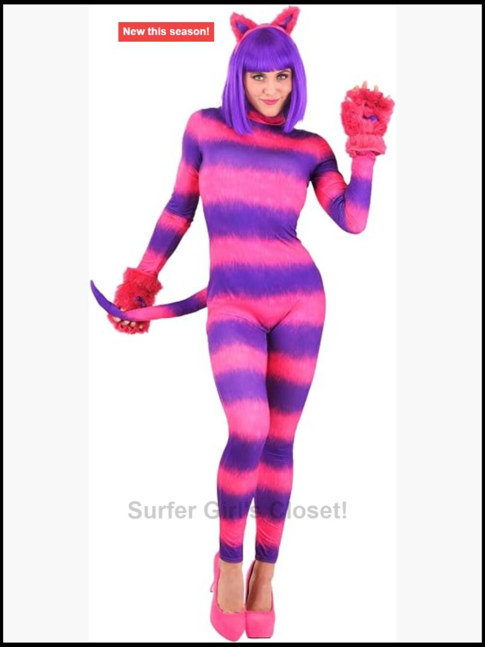 Women's Sexy Cheshire Cat Bodysuit Costume with Tail, Ears & Gloves